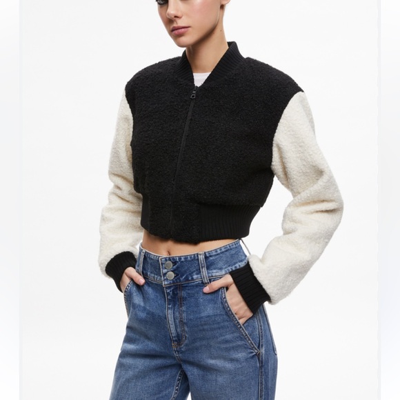 Alice + Olivia Black and Cream Bomber Jacket small women’s color block bomber